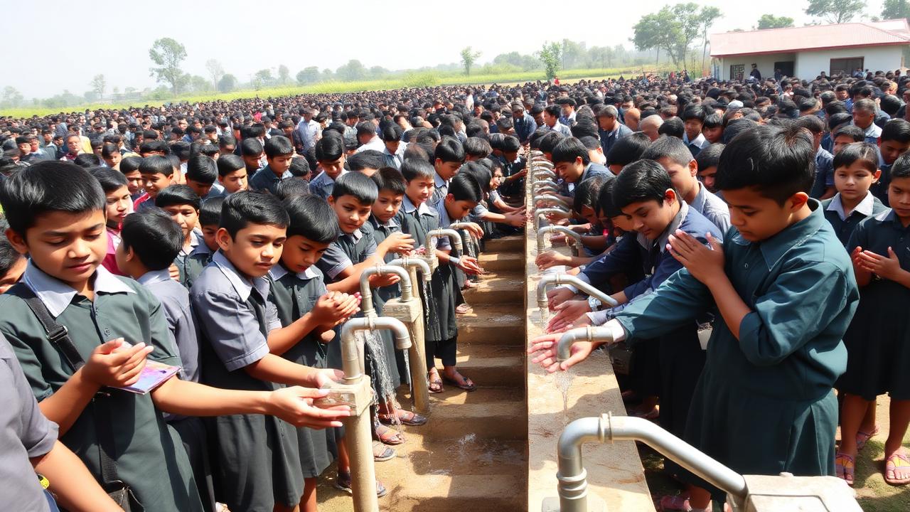 Most people washing hands simultaneously